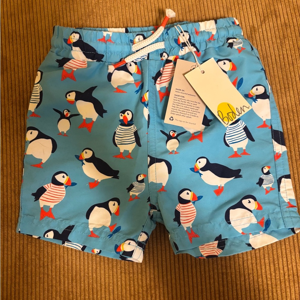 Baby Boden Blue Puffin Print Swim Trunks